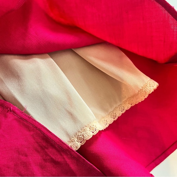 Vintage Pink V Neck Button Front Midi 100% Linen Dress Lace Slip Lining Large - Picture 7 of 15